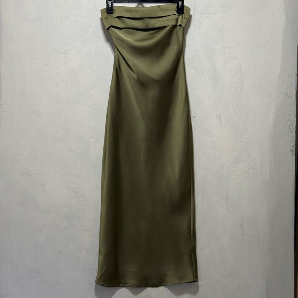 Cider Olive Green Satin Strapless Maxi Length Formal Dress Sz XXS